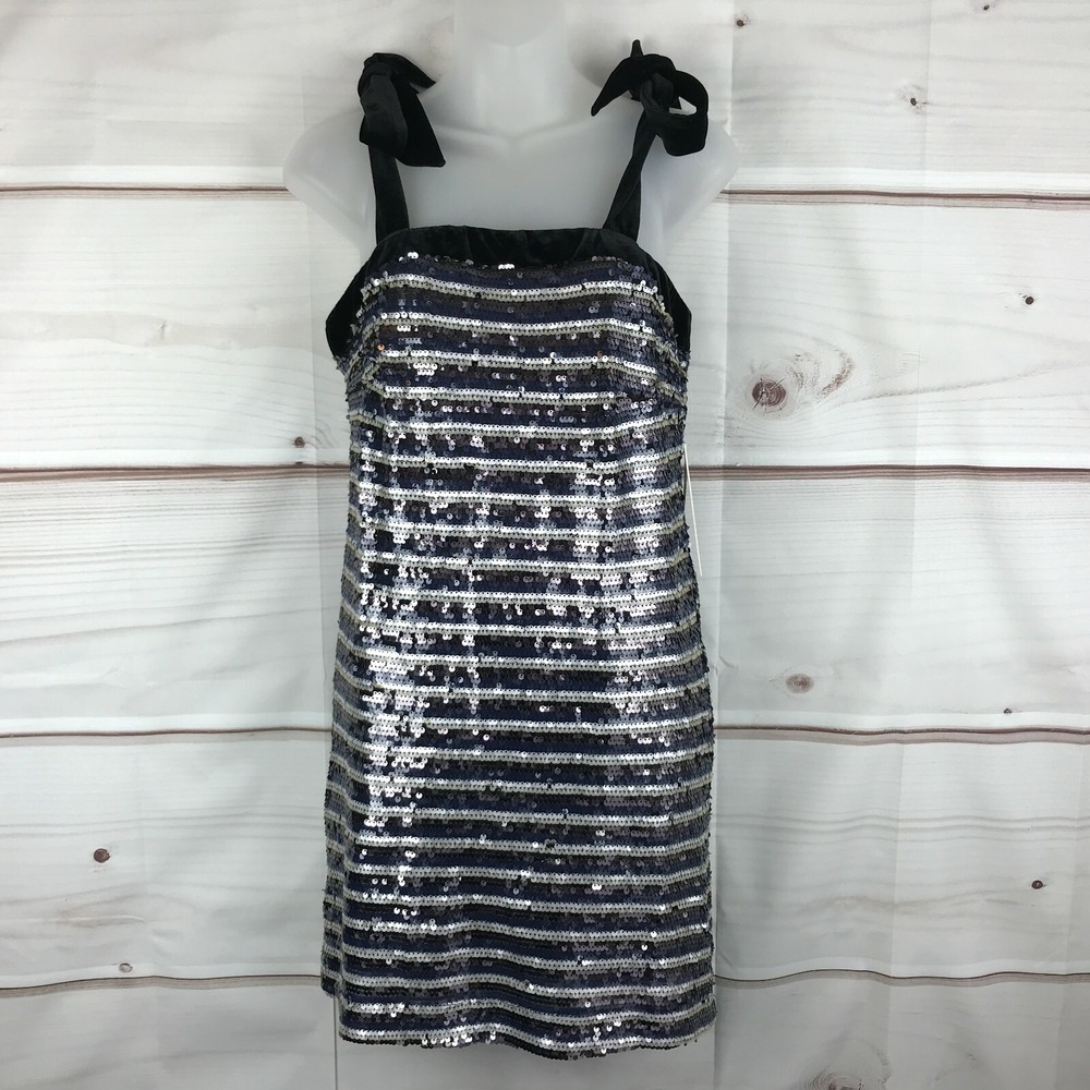 Aqua Dress Womens XS Sequin Striped Shift Velvet Tie Straps Mini Cocktail Short